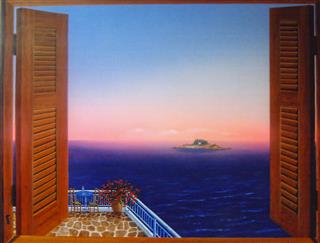 parathiro me thea iliovasilema thalassa nhsi pinakas zografikis Giorgos Sidiropoulos zografos Greek artist