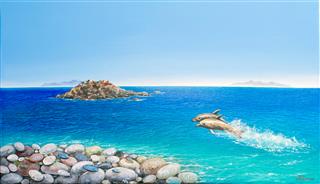 delfinia sti thalassa pinakas zografikis Giorgos Sidiropoulos zografos Greek artist